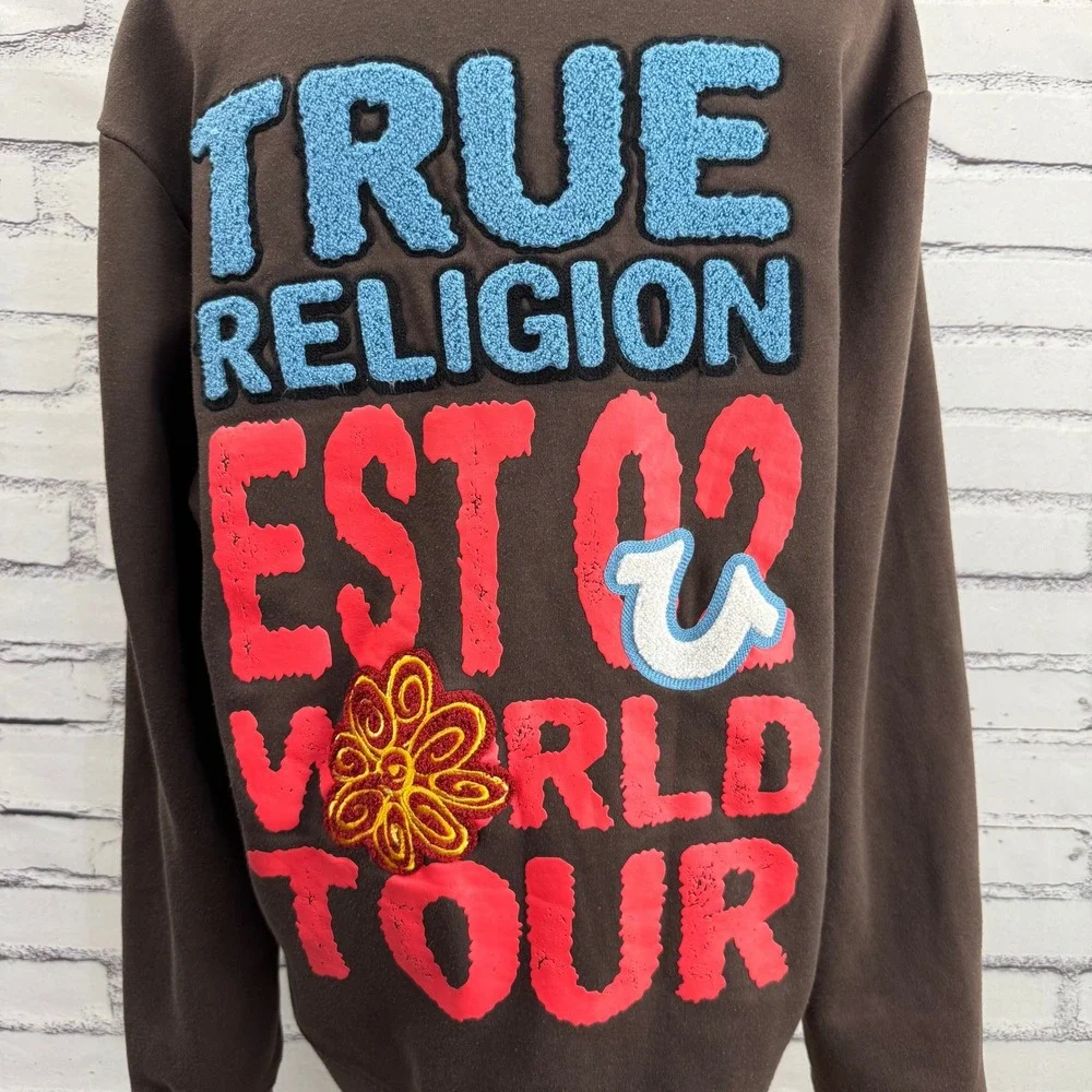 True Religion True Flower EST 02 World Tour Brown Zip Y2K Hoodie Chenille Size L